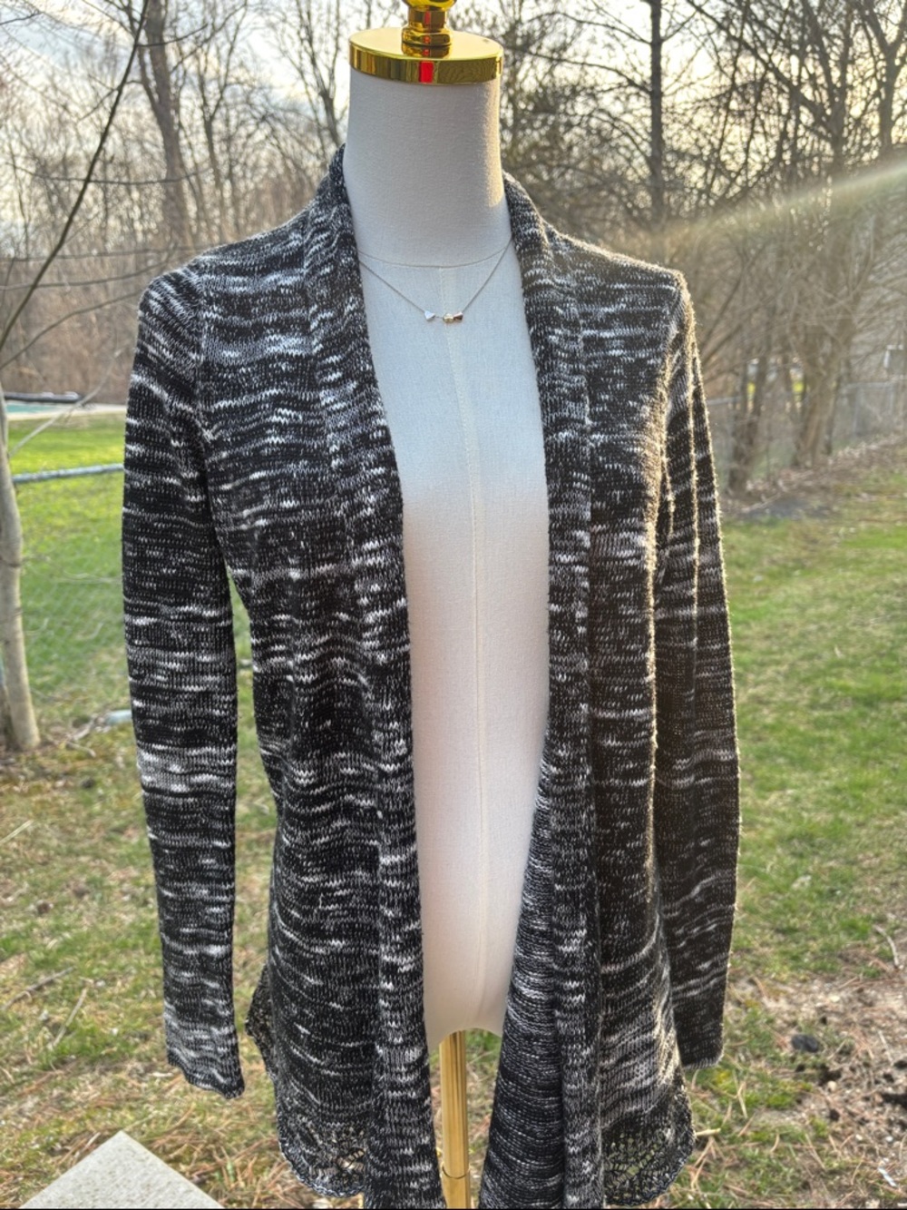 ONE WORLD Black & White Marled Open-Front Cardigan